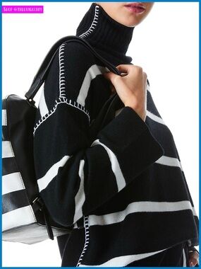 Alice + Olivia Bobbie Black White Striped Wool and Cashmere Blend Tunic Sweater